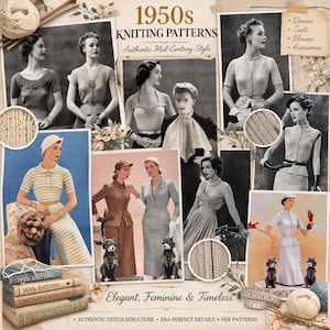 Puede incluir: Un collage vintage con patrones de tejido de los años 1950. La imagen muestra mujeres con vestidos, trajes, blusas y accesorios. El texto dice "Elegante, Femenino y Atemporal" y destaca la estructura auténtica de la puntada y los detalles perfectos de la época.