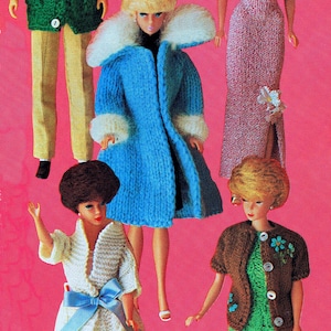 May include: Five dolls wearing knitted clothing. The dolls are all different colors and have different hairstyles. The dolls are standing on a pink background.
