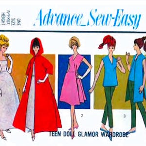 May include: Vintage sewing pattern titled "Advance Sew-Easy" featuring illustrations of teen doll outfits. The pattern includes a white gown, a red hooded cape, a pink dress, and blue tops with green pants. The doll size is approximately 11.5 inches.