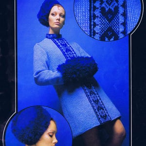 May include: A blue knitted dress with a geometric pattern and a matching blue knitted hat. The dress has a long sleeve and a short skirt. The model is wearing the dress and hat and is standing in front of a blue background.