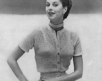 Vintage 1950s Crochet Blouse Pattern: Lacy Button-Down Top (Bust 32-40) (PDF Pattern)