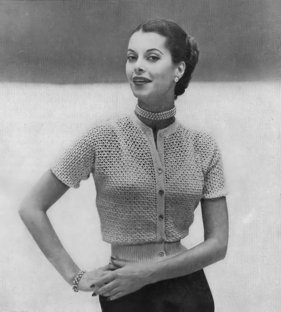 Vintage 1950s Crochet Blouse Pattern: Lacy Button-down Top (bust
