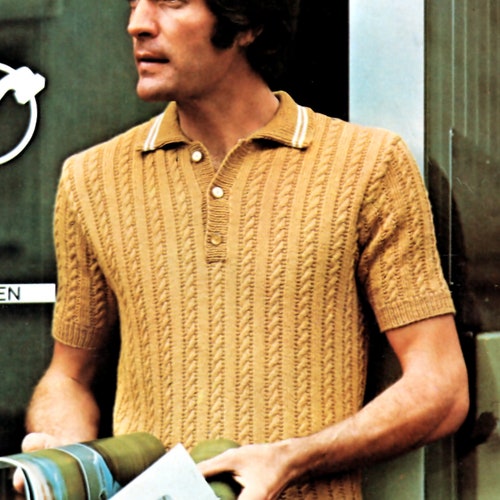 Vintage Mens Cable Knit Shirt Pattern: 1970s Short Sleeve (PDF