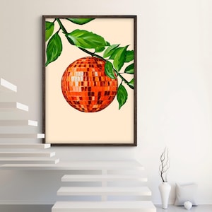 Retro oranje discoballenprint | Funky keukenmuurkunst | Trendy discofruitposter | Preppy muurprint citrusvruchten | Doe-het-zelf | Cadeau voor haar