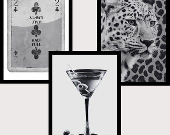 Lote de 3 impresiones de arte mural de lujo / Decoración de pared moderna de lujo / Impresión minimalista en lienzo en blanco y negro / Imprimibles de naipes, cócteles y leopardo