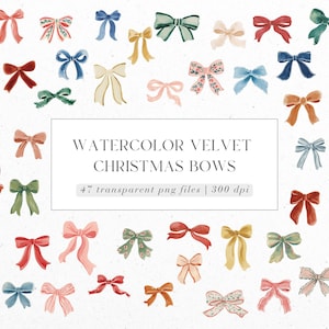 Puede incluir: Una colección de lazos navideños de terciopelo acuarela en varios colores, incluyendo rojo, verde, azul y rosa. La imagen incluye el texto "WATERCOLOR VELVET CHRISTMAS BOWS" y "47 transparent png files | 300 dpi". Ideales para manualidades y diseños temáticos navideños.