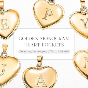 May include: A set of 26 gold heart-shaped lockets, each featuring a different letter of the alphabet. The lockets are designed for personalization and can be used for jewelry making or crafting projects.  "GOLDEN MONOGRAM HEART LOCKETS 26 transparent png files | 300 dpi"