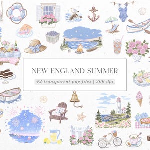 Puede incluir: Una colección de ilustraciones en acuarela con temas de verano en Nueva Inglaterra, que incluyen un faro, un velero, una silla de playa, langosta, flores, comida e iconos náuticos con el texto NEW ENGLAND SUMMER 42 transparent png files 300 dpi.