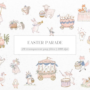 Könnte beinhalten: Aquarellillustration mit dem Titel "Easter Parade" mit verschiedenen Tierfiguren in Pastellfarben. Das Bild zeigt ein Schwein mit einem Regenschirm, ein Eichhörnchen, ein Kaninchen, das Trompete spielt, und einen Fuchs mit Ostereiern.