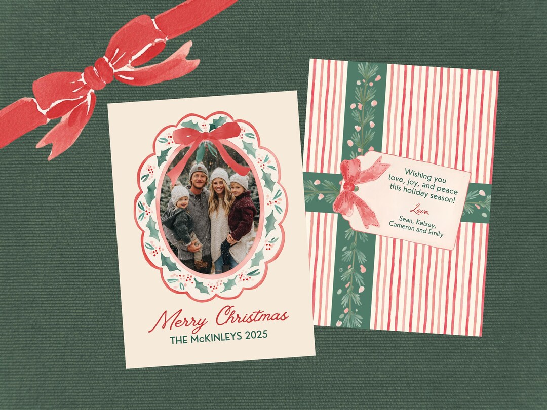 Watercolor Bow Christmas Photo Card Template: Editable in Canva ...