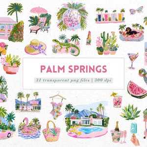 May include: A collection of watercolour illustrations with a Palm Springs theme. Images include a pink convertible, a flamingo pool float, a pink motel sign, a swimsuit, a beach bag, and a swimming pool. The text reads "Palm Springs".