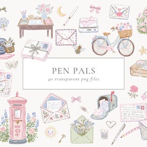 Op de afbeelding: Een verzameling aquarelillustraties met post-thema's, waaronder enveloppen, een fiets met een mand, een brievenbus, een slak, een bureau en bloemen. De centrale tekst luidt PEN PALS 40 transparent png files.
