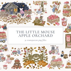 Puede incluir: Una colección de ilustraciones en acuarela titulada The Little Mouse Apple Orchard, que muestra ratones cosechando manzanas, cajas de madera, calabazas, frascos de mermelada, un camión azul y escenas de huertos, en 31 archivos png transparentes.