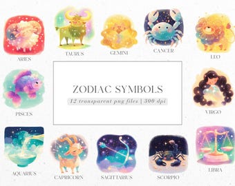 Niedliche Sternzeichen Clipart, Astrologie Horoskop Zeichen (PNG Digital Download)