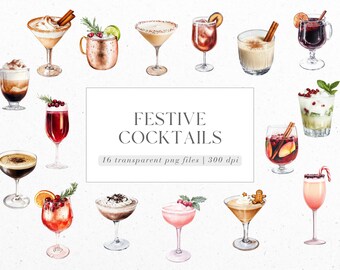Festive Cocktails Clipart: Holiday Drinks PNG (Digital Download)