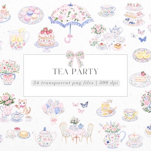 以下が含まれることがあります： ティーパーティーの要素34点の水彩画イラストセット。ティーカップ、ケーキ、花、ティーポット、猫、ウサギ、パラソルなど。画像の中央に「TEA PARTY」というテキストが書かれています。