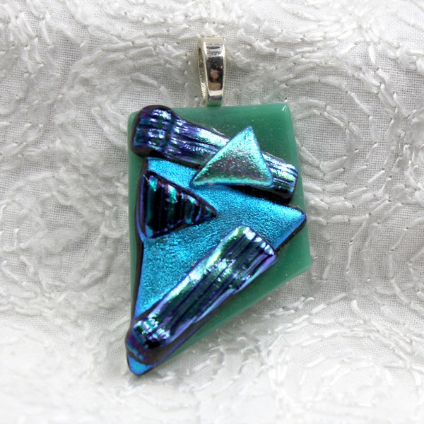 Pyramids Fused Dichroic Glass Pendant blue green tack fused