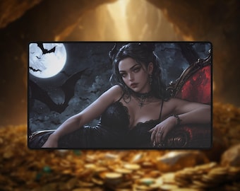 May include: A woman with dark hair and a black dress sits on a red velvet throne. She has a dark, gothic aesthetic and is surrounded by bats and a full moon.