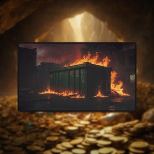 Peut inclure: Une grande benne à ordures en métal vert est en proie aux flammes. Le feu brûle vivement et il y a de la fumée dans l'air. La benne à ordures se trouve dans un environnement urbain avec des bâtiments en arrière-plan.