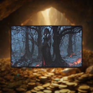 Może przedstawiać: Ilustracja fantasy w mrocznym stylu przedstawiająca kobietę w czarnej i czerwonej sukni stojącą w ciemnym lesie z żarzącymi się węglami na ziemi.