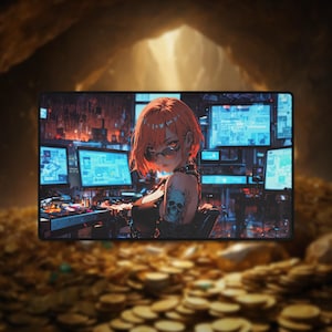May include: A digital art illustration of a woman with red hair wearing sunglasses and a black top with a skull tattoo. She is sitting in front of a computer screen with a dark background.