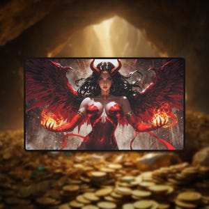 May include: A rectangular mousepad featuring a fantasy illustration of a woman with red wings, horns, and a red outfit. She holds two orbs of fire. The background shows a cave with gold coins.