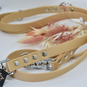Peut inclure: Une laisse pour chien beige avec des éléments métalliques argentés et un collier assorti. La laisse est faite d'un matériau lisse et durable et comporte un mousqueton pivotant. Une petite étiquette noire avec du texte blanc est attachée.