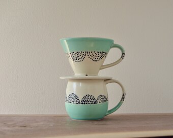 Wheel Thrown Pour Over Coffee Set - Mug and Pour Over Top - Mint Dots