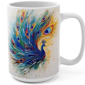 Mug 15oz Peacock Impasto Oil Painting - Bright Colors - Bird Lover Gift, Vibrant Coffee Cup, Colorful Tea Mug, Peacock Theme Cup, Animal