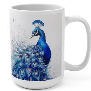 Peacock Mug, Bright Peacock Colors Coffee Cup, Vibrant Blues Tea Mug, Oil Painting Design Kitchenware, Gift for Nature Lover Bird Lover 15oz