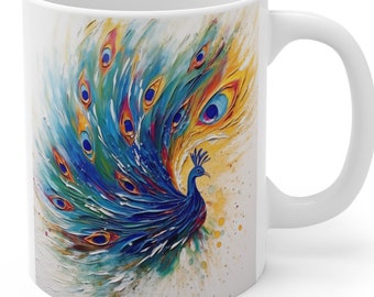 Peacock Impasto Oil Painting Mug - Bright Colors Bird Lover Gift