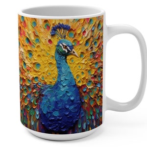 Peacock Mug, Colorful Peacock Oil Painting Ceramic Cup, Bright Impasto Coffee Mug, Vibrant Peacock Colors Tea Mug, Animal Lover Gift, Nature