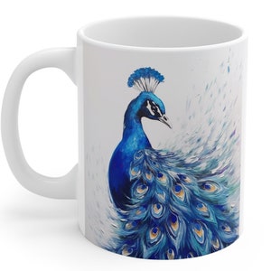 Peacock Mug, Bright Peacock Colors Coffee Cup, Vibrant Blues Tea Mug, Oil Painting Design Kitchenware, Gift for Nature Lover Bird Lover 11oz