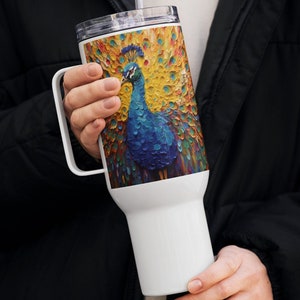 Peacock Travel Mug With Handle Colorful Peacock Oil Painting Ceramic Cup Bright Impasto Coffee Mug Vibrant Peacock Colors Bird Lover Gift