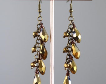 Boucles D'oreilles Clips Grappe De Perles – Bleu Et Doré, Neuf Sans Emballage