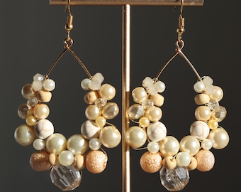 Orecchini a cerchio con perle color crema: orecchini a lampadario dorati da sposa