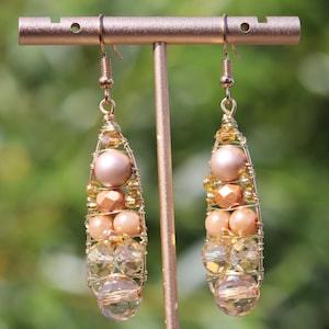 Sparkling gold drop earrings, Pearl golden wedding earrings, Champagne gold bridal drops, Wire wrapped beaded Pearl dangles, Wedding jewelry