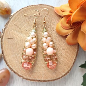 Rose gold drop earrings, Blush peachy freshwater pearl earrings, Salmon pink drop earrings, Elegant pearl dangle earrings,Statement earrings