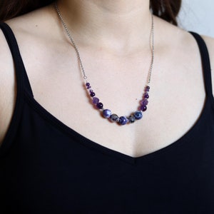 Purple Amethyst and Agate bead necklace, Dark purple gemstone necklace, Simple one layer beaded necklace, Purple boho chain necklace
