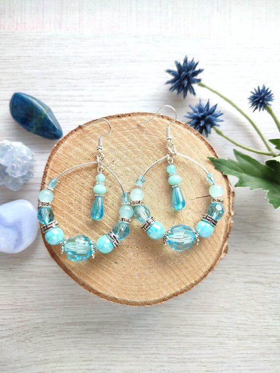 Boho Light Blue Beaded Hoop Earrings: Silver Plated Dangle