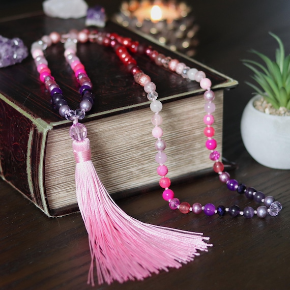 Pink Ombre Mala Necklace: Gemstone Prayer Beads With Tassel