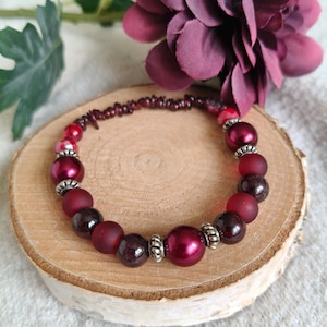 Garnet Chip Stone Bracelet: January Birthstone Stacking Jewelry, Dark red bracelet