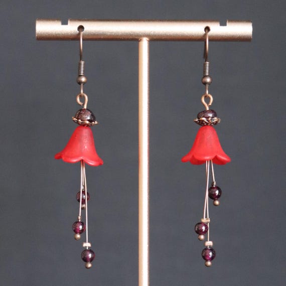 Red Garnet Flower Earrings: Boho Dangle Gemstone Jewelry