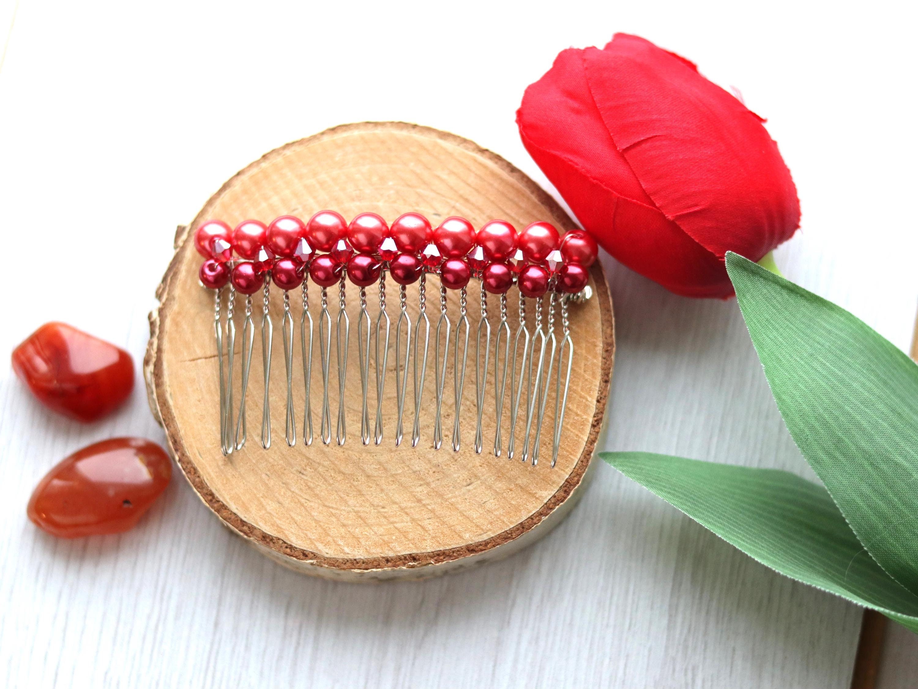 Red Beaded Wedding Hair Comb: Gothic Bridal Hair Accessory  display picture 1