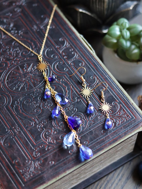 Blue Crystal Dangle Earrings and Lariat Necklace Set: Gold Sun
