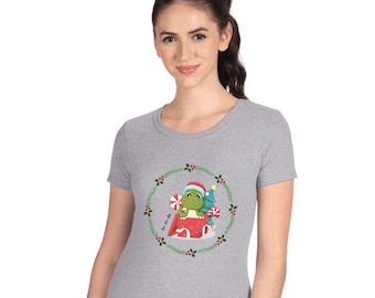 Womens Christmas Frog Graphic T-Shirt, Holiday Party Tee