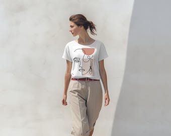 Abstract Woman Face T-Shirt: Minimalist Line Art Graphic Tee