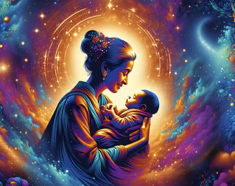Celestial Mother and Baby Print: Cosmic Nursery Wall Art