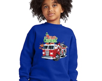 Santa Fire Truck Kids Christmas Sweatshirt - Holiday Crewneck