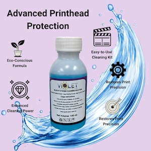 Peut inclure: Une bouteille de solution de nettoyage forte Violet Blue DTF avec un bouchon blanc, contenant un liquide bleu. L'étiquette comprend le texte "Advanced Printhead Protection". La bouteille contient 100 ml.